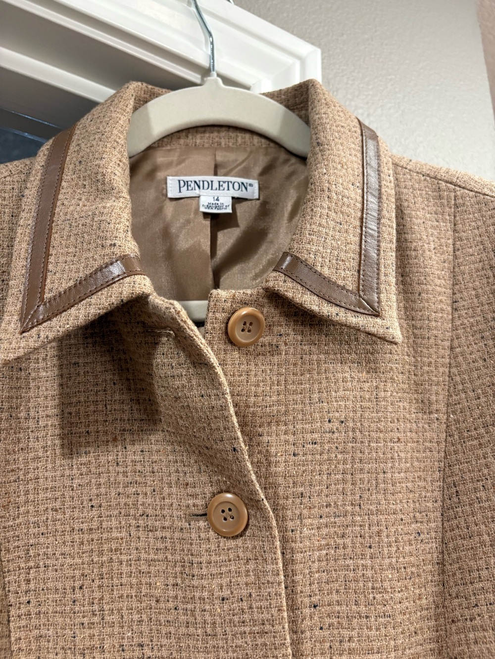 Vintage Pendleton Camel Tweed Jacket with Brown Leather Trim